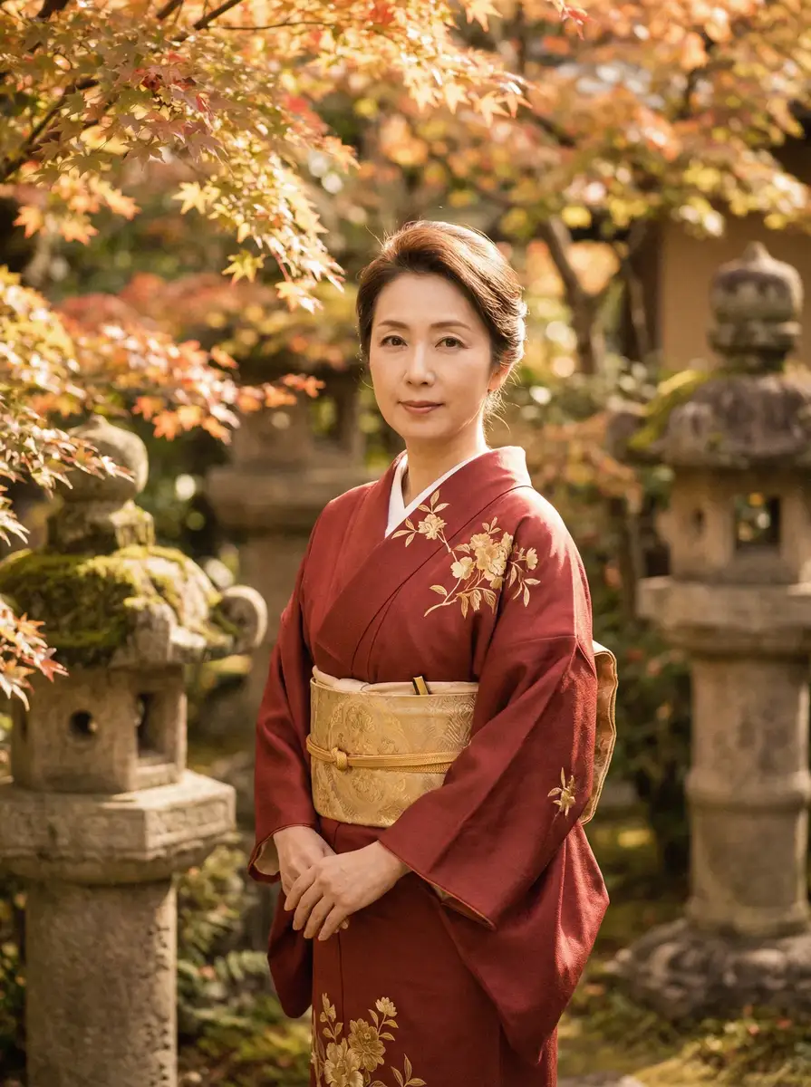 一位身穿暗红色和服的优雅 老板那里是XL接档 在日式庭院中